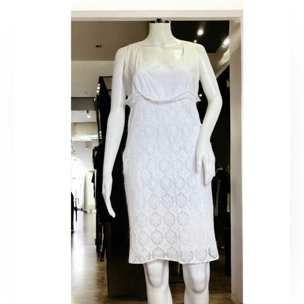 Loeffler Randalls Wome’s White Cotton Sleeveless Lace Dress Size 8 Scoop Neck